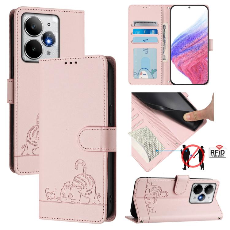 Cat Rat Embossed Pattern RFID Leather Phone Case with Lanyard, For Realme 15 / 15 Pro 5G Global, For Realme C71 4G Global, For Realme Neo7 Turbo 5G, For Realme V70 / 14x Global / C75 5G, For Realme Narzo 80 Pro / 14 Pro 5G India                        ...