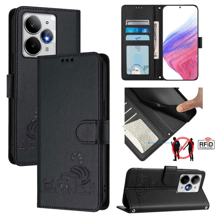 Cat Rat Embossed Pattern RFID Leather Phone Case with Lanyard, For Realme 15 / 15 Pro 5G Global, For Realme C71 4G Global, For Realme Neo7 Turbo 5G, For Realme V70 / 14x Global / C75 5G, For Realme Narzo 80 Pro / 14 Pro 5G India                        ...