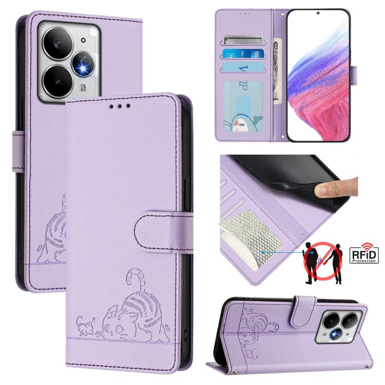 Cat Rat Embossed Pattern RFID Leather Phone Case with Lanyard, For Realme 15 / 15 Pro 5G Global, For Realme C71 4G Global, For Realme Neo7 Turbo 5G, For Realme V70 / 14x Global / C75 5G, For Realme Narzo 80 Pro / 14 Pro 5G India                        ...