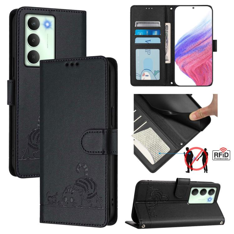 Cat Rat Embossed Pattern RFID Leather Phone Case with Lanyard, For Realme 15 / 15 Pro 5G Global, For Realme C71 4G Global, For Realme Neo7 Turbo 5G, For Realme V70 / 14x Global / C75 5G, For Realme Narzo 80 Pro / 14 Pro 5G India                        ...