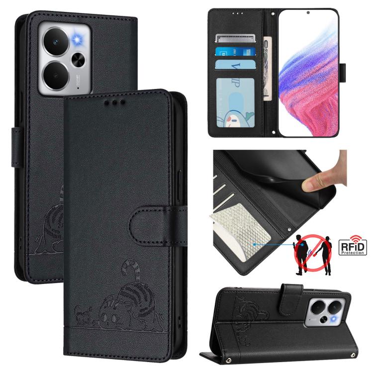 Cat Rat Embossed Pattern RFID Leather Phone Case with Lanyard, For Realme 15 / 15 Pro 5G Global, For Realme C71 4G Global, For Realme Neo7 Turbo 5G, For Realme V70 / 14x Global / C75 5G, For Realme Narzo 80 Pro / 14 Pro 5G India                        ...