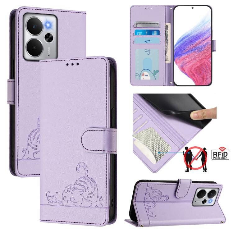 Cat Rat Embossed Pattern RFID Leather Phone Case with Lanyard, For Realme 15 / 15 Pro 5G Global, For Realme C71 4G Global, For Realme Neo7 Turbo 5G, For Realme V70 / 14x Global / C75 5G, For Realme Narzo 80 Pro / 14 Pro 5G India                        ...