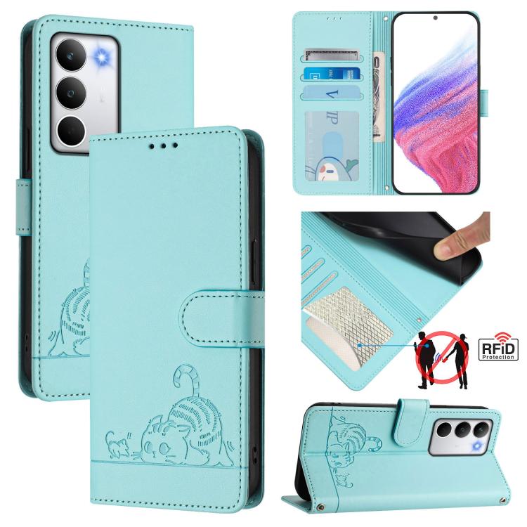 Cat Rat Embossed Pattern RFID Leather Phone Case with Lanyard, For Realme 15 / 15 Pro 5G Global, For Realme C71 4G Global, For Realme Neo7 Turbo 5G, For Realme V70 / 14x Global / C75 5G, For Realme Narzo 80 Pro / 14 Pro 5G India                        ...