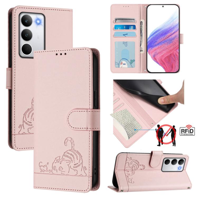 Cat Rat Embossed Pattern RFID Leather Phone Case with Lanyard, For Realme 15 / 15 Pro 5G Global, For Realme C71 4G Global, For Realme Neo7 Turbo 5G, For Realme V70 / 14x Global / C75 5G, For Realme Narzo 80 Pro / 14 Pro 5G India                        ...