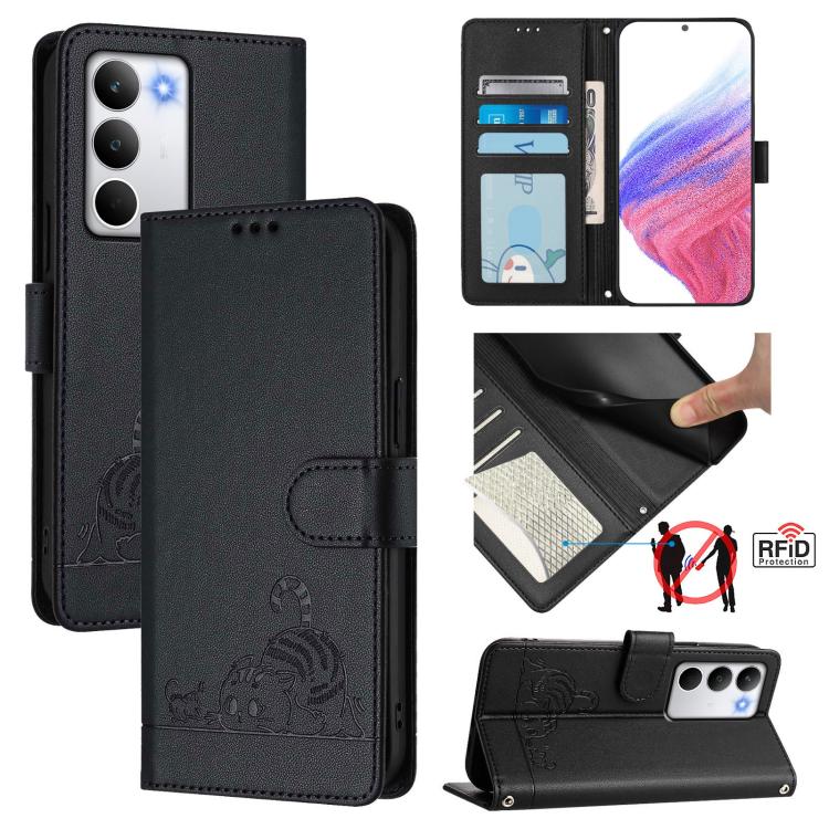 Cat Rat Embossed Pattern RFID Leather Phone Case with Lanyard, For Realme 15 / 15 Pro 5G Global, For Realme C71 4G Global, For Realme Neo7 Turbo 5G, For Realme V70 / 14x Global / C75 5G, For Realme Narzo 80 Pro / 14 Pro 5G India                        ...