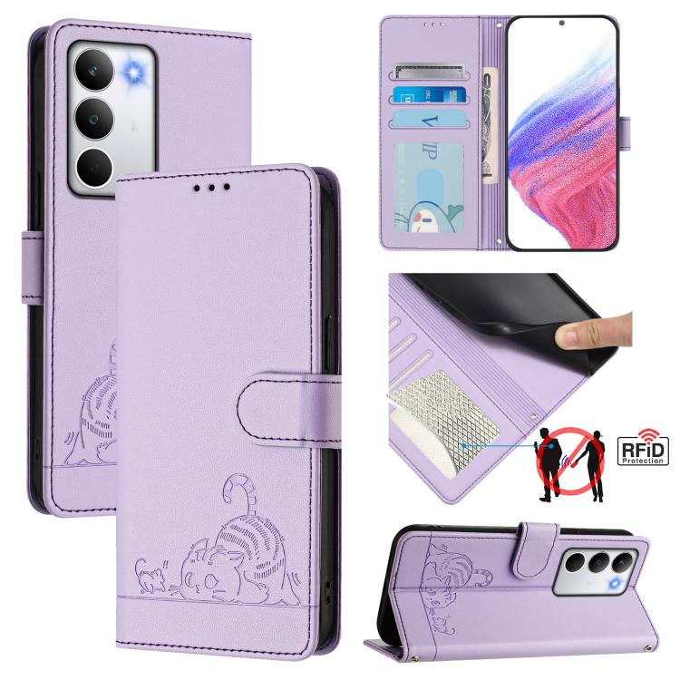 Cat Rat Embossed Pattern RFID Leather Phone Case with Lanyard, For Realme 15 / 15 Pro 5G Global, For Realme C71 4G Global, For Realme Neo7 Turbo 5G, For Realme V70 / 14x Global / C75 5G, For Realme Narzo 80 Pro / 14 Pro 5G India                        ...