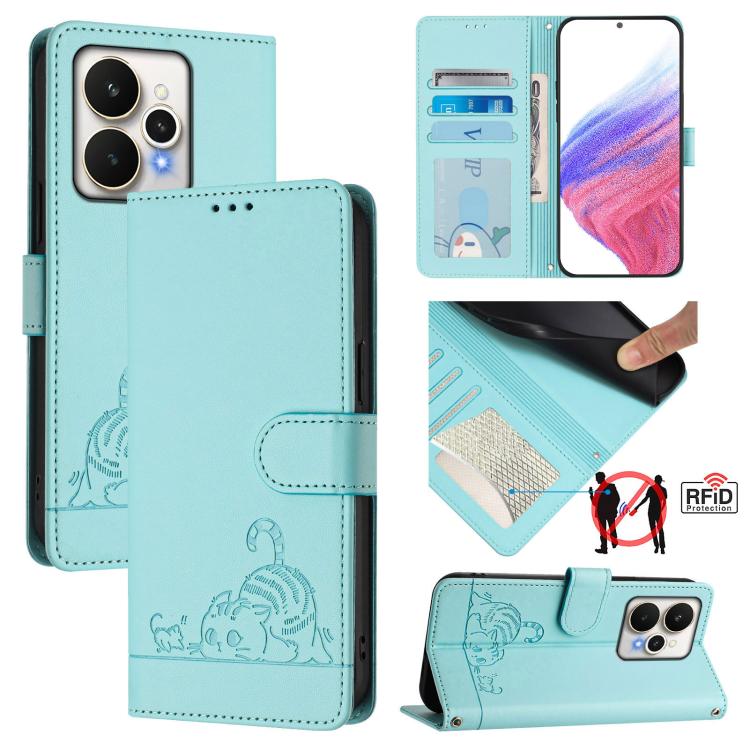 Cat Rat Embossed Pattern RFID Leather Phone Case with Lanyard, For Realme 15 / 15 Pro 5G Global, For Realme C71 4G Global, For Realme Neo7 Turbo 5G, For Realme V70 / 14x Global / C75 5G, For Realme Narzo 80 Pro / 14 Pro 5G India                        ...