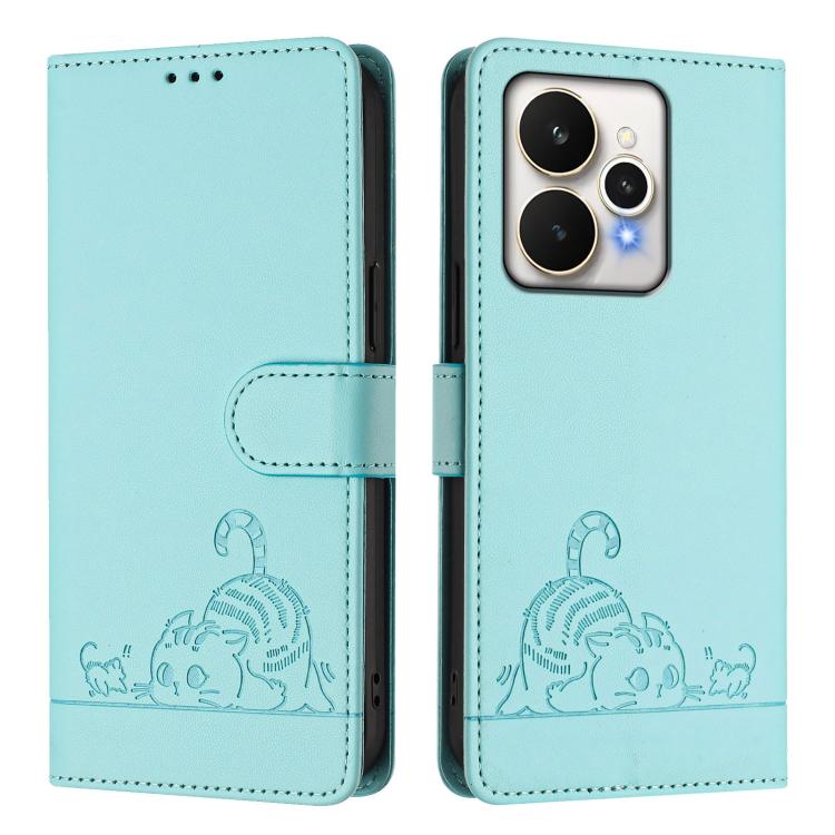Cat Rat Embossed Pattern RFID Leather Phone Case with Lanyard, For Realme 15 / 15 Pro 5G Global, For Realme C71 4G Global, For Realme Neo7 Turbo 5G, For Realme V70 / 14x Global / C75 5G, For Realme Narzo 80 Pro / 14 Pro 5G India                        ...