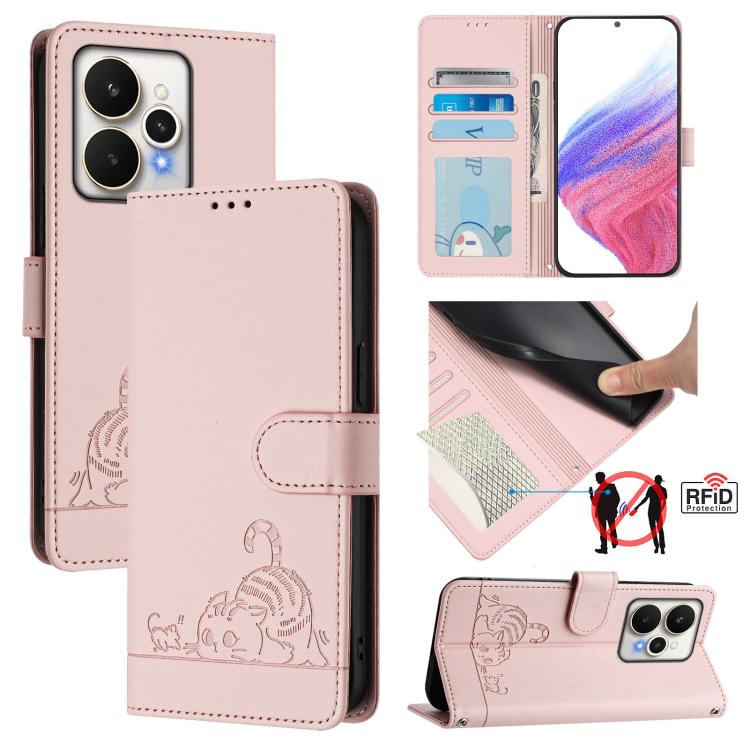 Cat Rat Embossed Pattern RFID Leather Phone Case with Lanyard, For Realme 15 / 15 Pro 5G Global, For Realme C71 4G Global, For Realme Neo7 Turbo 5G, For Realme V70 / 14x Global / C75 5G, For Realme Narzo 80 Pro / 14 Pro 5G India                        ...