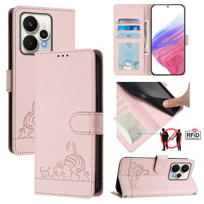Cat Rat Embossed Pattern RFID Leather Phone Case with Lanyard, For Realme 15 / 15 Pro 5G Global, For Realme C71 4G Global, For Realme Neo7 Turbo 5G, For Realme V70 / 14x Global / C75 5G, For Realme Narzo 80 Pro / 14 Pro 5G India                        ...