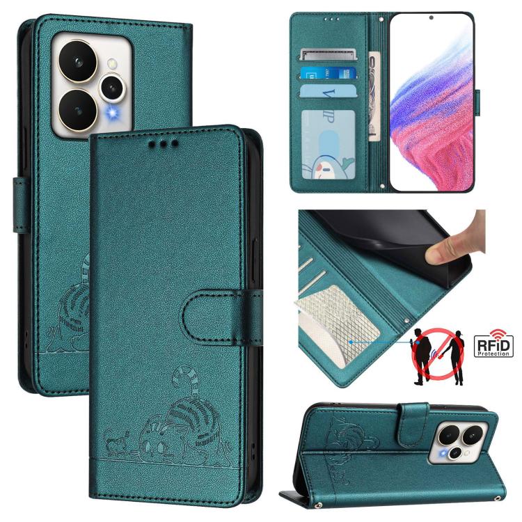 Cat Rat Embossed Pattern RFID Leather Phone Case with Lanyard, For Realme 15 / 15 Pro 5G Global, For Realme C71 4G Global, For Realme Neo7 Turbo 5G, For Realme V70 / 14x Global / C75 5G, For Realme Narzo 80 Pro / 14 Pro 5G India                        ...