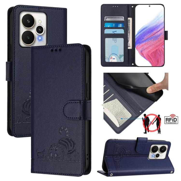 Cat Rat Embossed Pattern RFID Leather Phone Case with Lanyard, For Realme 15 / 15 Pro 5G Global, For Realme C71 4G Global, For Realme Neo7 Turbo 5G, For Realme V70 / 14x Global / C75 5G, For Realme Narzo 80 Pro / 14 Pro 5G India                        ...