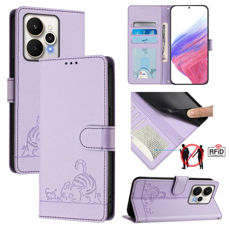 Cat Rat Embossed Pattern RFID Leather Phone Case with Lanyard, For Realme 15 / 15 Pro 5G Global, For Realme C71 4G Global, For Realme Neo7 Turbo 5G, For Realme V70 / 14x Global / C75 5G, For Realme Narzo 80 Pro / 14 Pro 5G India                        ...
