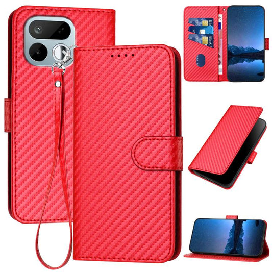 Red carbon-fiber textured leather phone case with buckle strap and wrist lanyard