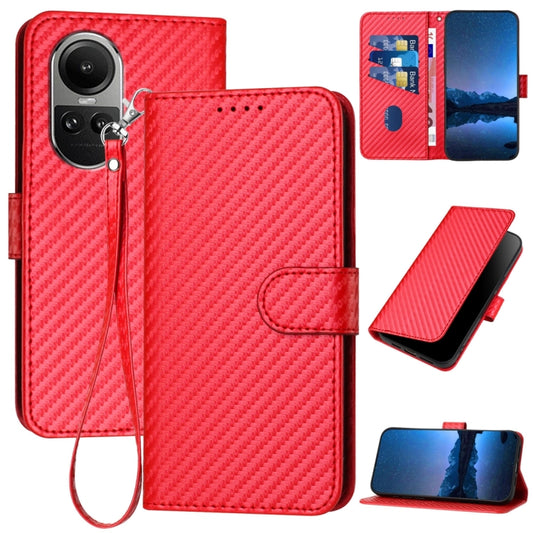Red leather folio phone case with carbon-fiber texture, wrist lanyard, magnetic front flap.
