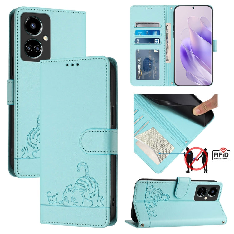 RFID leather folio phone case with cat-and-rat embossing, mint teal