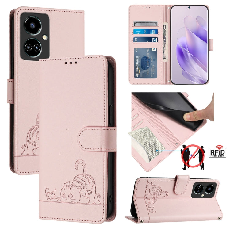 RFID leather folio phone case with cat-and-rat embossing, light pink