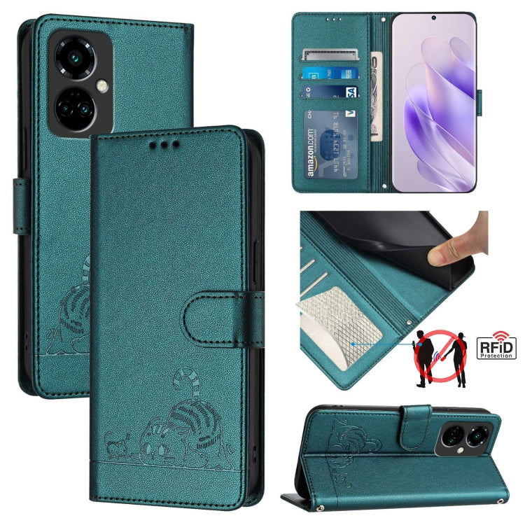 Teal RFID wallet phone case with embossed cat-and-rat pattern and lanyard strap