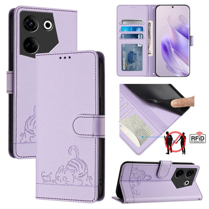 Lavender RFID leather flip phone case with embossed cat and rat pattern and lanyard