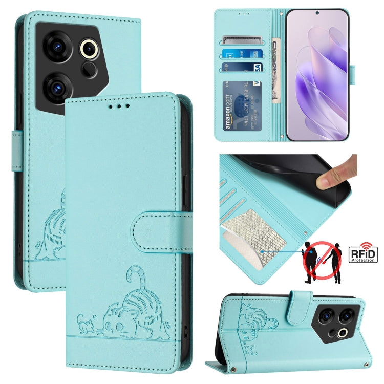 Mint green RFID leather phone case with lanyard, embossed cat design and card slots