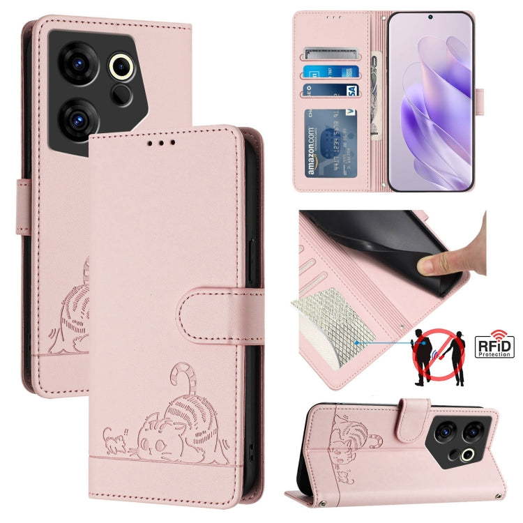 Pink RFID leather phone case with lanyard, embossed cat design and card slots