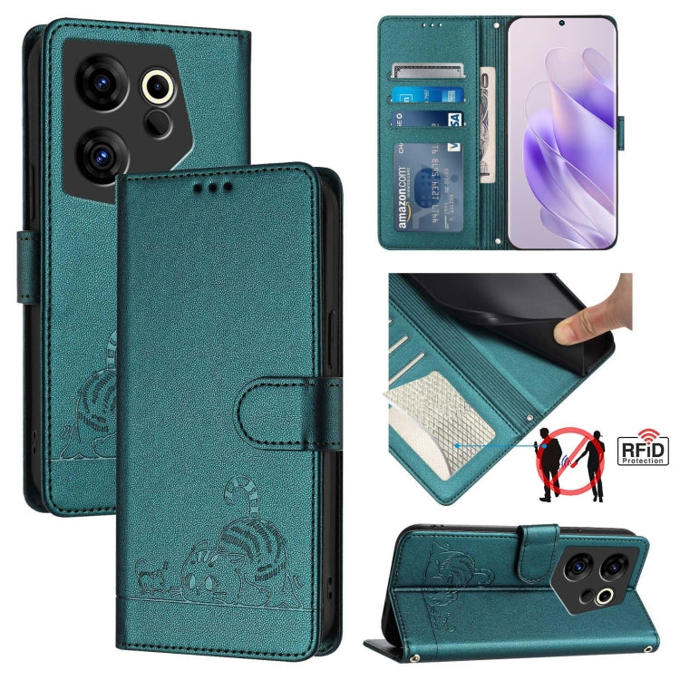 Teal RFID leather phone case with lanyard, embossed cat design and card slots