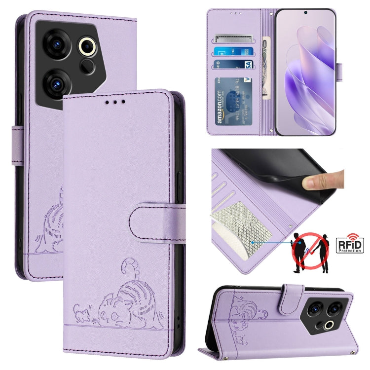 Lavender RFID leather phone case with lanyard, cat embossing and foldover card holder