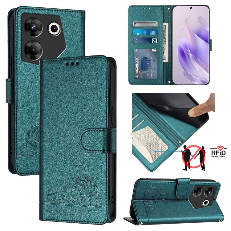 Mint green RFID leather phone case with flip cover, embossed cat and rat pattern, lanyard
