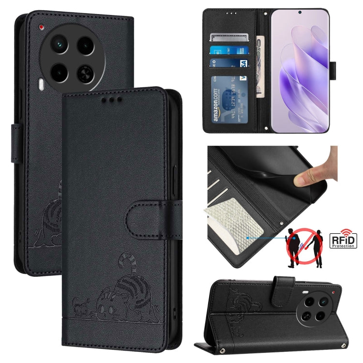 Black RFID leather wallet phone case with embossed cat-and-rat design and card holder