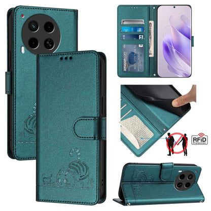 Dark teal embossed leather-style phone wallet case with lanyard and RFID card slots