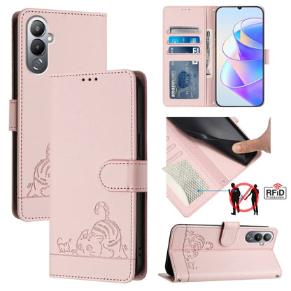 Pink RFID leather phone case with embossed cat-and-rat pattern and lanyard strap