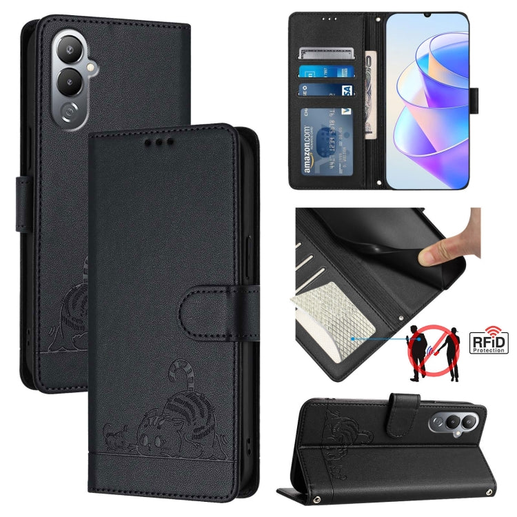 Black RFID leather phone case with embossed cat-and-rat pattern and lanyard strap