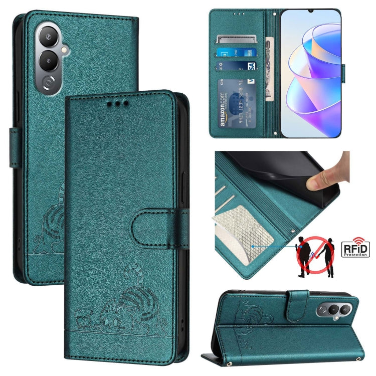 Cat-inspired embossed RFID leather phone case, teal folio with card slot and magnetic flap