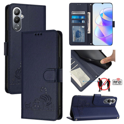 Cat-inspired embossed RFID leather phone case, dark navy folio with card slot and magnetic flap