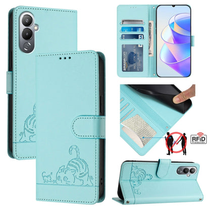 Teal RFID leather phone case with embossed cat-and-rat pattern and lanyard strap