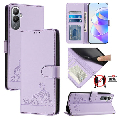 Lavender RFID leather phone case with embossed cat-and-rat pattern and lanyard strap