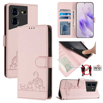 RFID leather wallet phone case with cat-and-rat embossed pattern and lanyard strap, blush pink