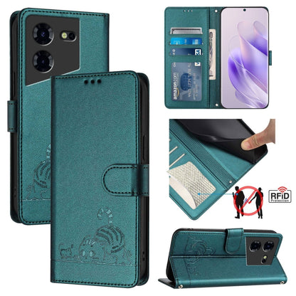 RFID leather wallet phone case with cat-and-rat embossed pattern and lanyard strap, teal blue