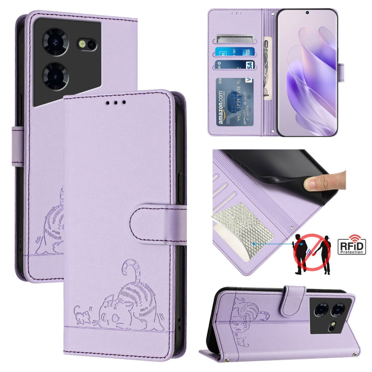 Lavender RFID leather phone case with lanyard, embossed cat design and card slots