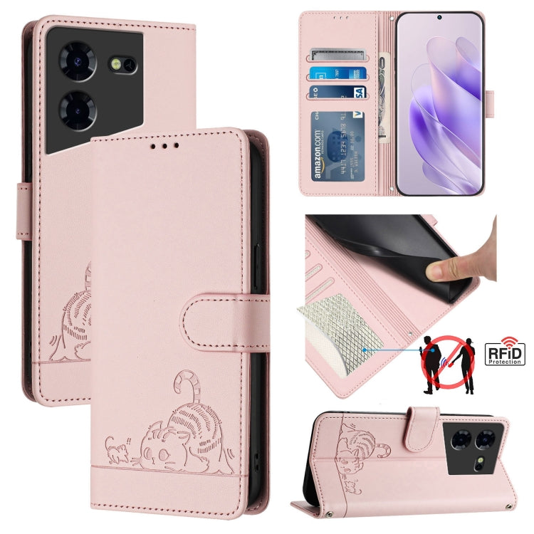 Pink RFID leather phone case with lanyard; embossed cat and rat pattern; card slots