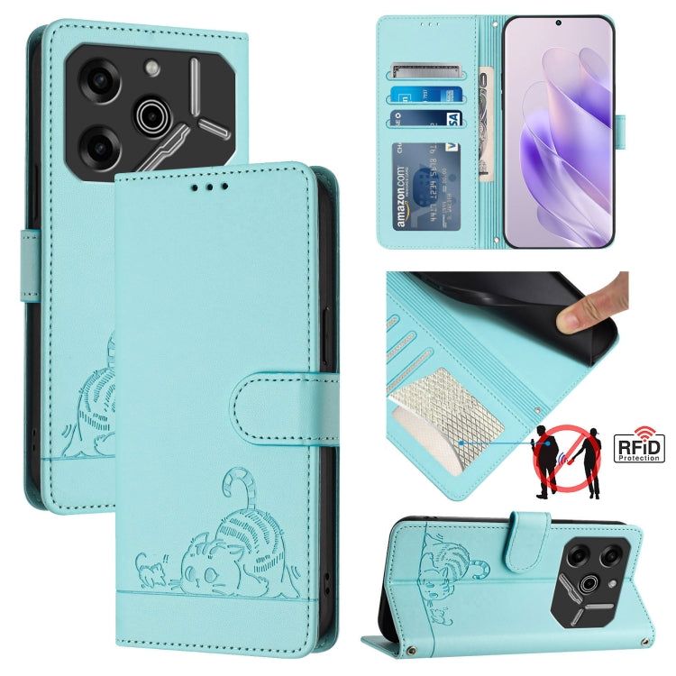 Mint blue RFID folio phone case with cat rat embossed pattern, card slot, and stand flap