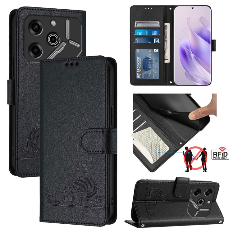 Black RFID folio phone case with cat rat embossed pattern, card slot, and lanyard
