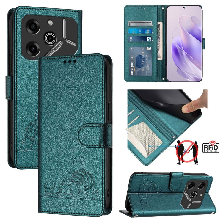 Mint green RFID leather wallet phone case with cat-rat embossed pattern and lanyard
