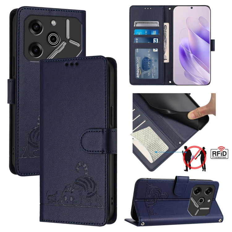 Black RFID leather wallet phone case with cat-rat embossed pattern and lanyard