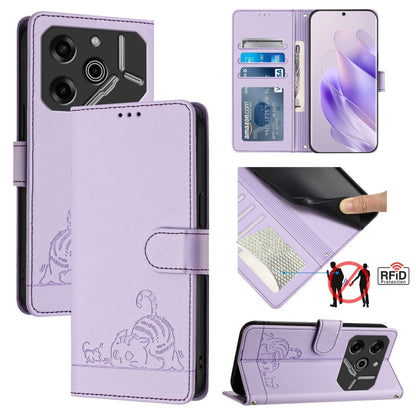 Purple RFID leather wallet phone case with cat-rat embossed pattern and lanyard
