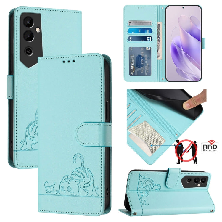 Cat-inspired embossed RFID leather phone case, light teal folio with card slot and magnetic flap