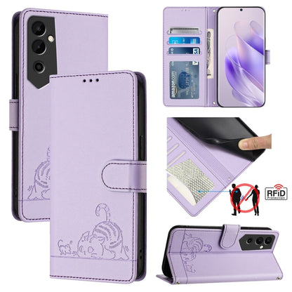 Cat-inspired embossed RFID leather phone case, lavender folio with card slot and magnetic flap