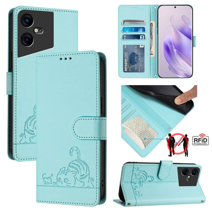 Teal RFID leather phone case with lanyard; embossed cat and rat pattern; card slots