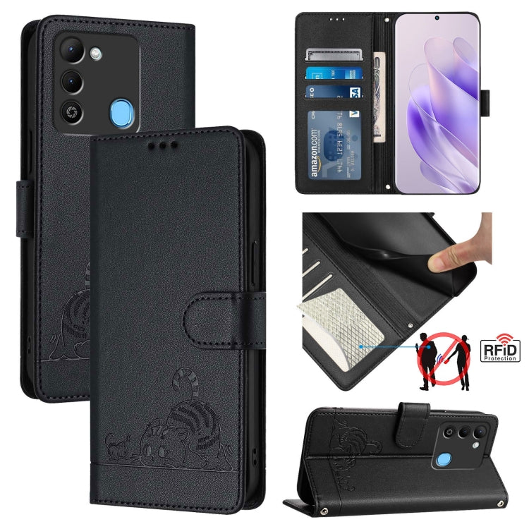 Black flip wallet phone case with embossed cat-rat pattern, card slot, RFID lining