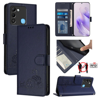 Navy blue flip wallet phone case with embossed cat-rat pattern, card slot, RFID lining